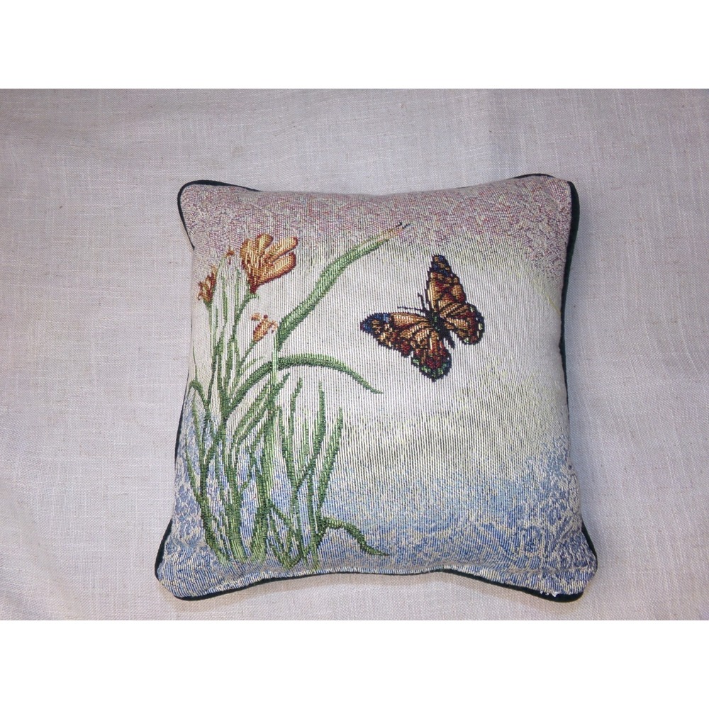 Tapestry Throw Pillow Bird, Butterfly, & Flowers 11x11"